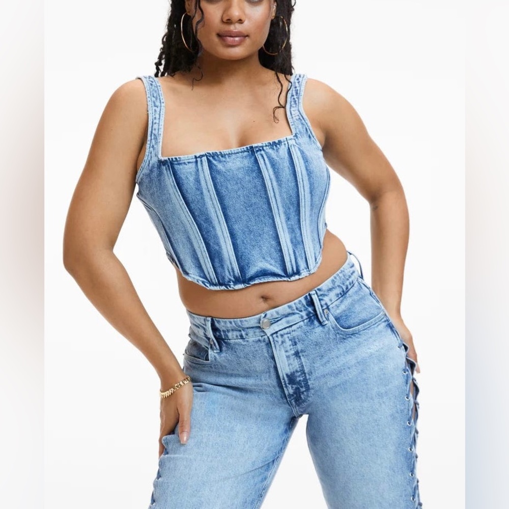 NWT Good American Denim Corset in Indigo301 with Square-Neck & Lace-Up Back, XS